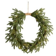 a christmas wreath with lights hanging from it