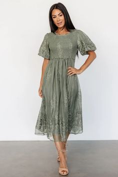 Corrine Embroidered Midi Dress | Deep Sage | Baltic Born Sage Midi Dress, Hunters Wedding, Sage Green Dresses, Loungewear Fashion, Floral Overlay, Baltic Born, Embroidered Midi Dress, Sage Color, Romper Outfit