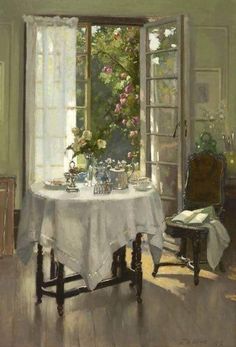 a painting of a table with flowers on it and an open window in the background