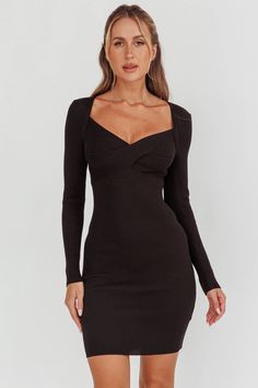 Shop the Maribeth Long Sleeve Ribbed Knit Mini Dress Black | Selfie Leslie Yellow Bridesmaid Dresses, Ribbed Knit Dress, Mini Dress Black, Dreamy Dress, Lace Bodycon Dress, Dinner Date, Iron Material, Date Night Dresses, Mini Dress Casual