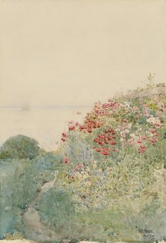 a painting of flowers on the side of a hill