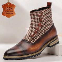 Category:Boots; Upper Materials:Cowhide; Lining Materials:Leather; Season:Fall,Winter; Gender:Men's; Toe Shape:Round Toe; Outsole Materials:Rubber; Occasion:Daily,Home; Closure Type:Magic Tape; Function:Comfortable,Slip Resistant; Listing Date:09/19/2024; 2024 Trends:Plaid Cap Toe Boots For Winter Workwear, Retro Ankle Boots For Winter, Winter Leather Boots With Buttons, Winter Business Cap Toe Boots, Business Cap Toe Boots For Winter, Cap Toe Business Boots For Winter, Fall Boots With Button Closure And Round Toe, Retro Brown Winter Boots, Winter Wool Boots With Round Toe