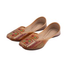 Introducing our "Artsy Tan" Punjabi jutti, a masterpiece meticulously crafted by skilled artisans from pure leather. This stunning footwear celebrates the timeless charm of tradition and craftsmanship, with its elegant tan color adorned with vibrant multi-color jari work. Each intricate detail tells a story of artistry and heritage, creating a mesmerizing tapestry of hues that captures the essence of Punjab's rich cultural heritage. What truly sets the "Artsy Tan" jutti apart is its unique upper Leather Flats With Flat Heel For Festival, Traditional Festival Sandals With Leather Sole, Festival Sandals With Cutdana And Round Toe, Traditional Brown Closed Toe Sandals, Traditional Leather Sole Festival Sandals, Festive Handwork Leather Flats, Traditional Festive Sandals With Single Toe Strap, Traditional Closed Toe Leather Sandals, Traditional Sandals With Single Toe Strap For Festive Occasions