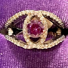 Yr2649 Unique Style Featuring Lab Created Amethyst Center Stone With White Topaz On A Rhodium Plated Band. One Of The Early Settings From The Company, Rare And Hard To Find. Has Tag No Bag. Missing 2 Stones But Still An Amazing Ring To Add To The Collection Party Fine Jewelry Ruby Ring With Diamond, Fine Jewelry Ruby Ring With Diamond For Party, Oval Fine Jewelry Rings For Party, Dazzling Oval Rings For Party, Ruby Party Ring, Party Rings In White Gold With Gemstone, Purple Ruby Ring With Diamond For Anniversary, Party White Gold Gemstone Rings, White Gold Gemstone Rings For Party