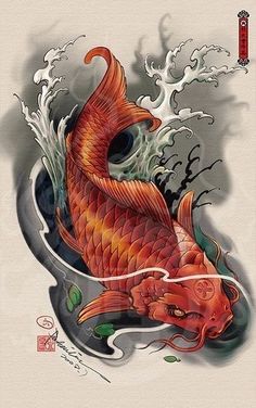 an artistic tattoo design with a fish in the water