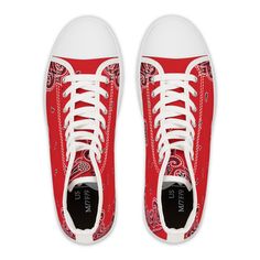 Elevate your style game to new heights with our exclusive Bold Bloods Red Bandana Women's High Top Sneakers. These sneakers are more than just shoes; they are a bold statement of fashion-forward design and comfort. Key Features: Crafted from breathable polyester canvas, these sneakers offer the perfect harmony of comfort and style, ensuring your feet stay comfortable all day. Hi-poly deodorant memory foam insoles provide exceptional cushioning and support, making each step a delight. The full wr Red Casual Sneakers With Logo-print Tongue, Red Lace-up High-top Sneakers With Rubber Sole, Red Lace-up High-top Sneakers For Outdoor, Red Bandana Shoes, Red High-top Textile Sneakers, Red Bandana, Medical Scrubs, Guinea Bissau, Paisley Print