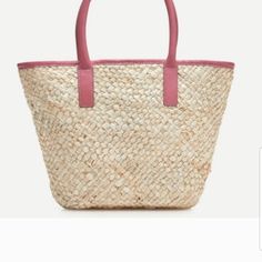 J.Crew Natural Woven Beach Tote With Pink Handle Bag Nwt Woven With 100% Corn Husk Lining Is 100% Cotton Straps Are Pink Faux Leather About 13" X 9.5" X 3", Small But Not Too Tiny Pink Double Handle Bucket Bag For Travel, Summer Pink Shoulder Bag With Adjustable Strap, Pink Summer Shoulder Bag With Adjustable Strap, Chic Pink Beach Bag For Daily Use, Chic Pink Beach Bag For Summer, Pink Chic Beach Bag, Chic Pink Beach Bag, Pink Woven Beach Bag, Pink Chic Beach Bag For Vacation