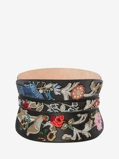 Embroidered corset belt .  Alexander McQueen. Alex Mcqueen, Belt Corset, Embroidered Corset, Leather Corset Belt, Embroidered Belt, Iconic Fashion, Rhinestone Belt, Leather Corset