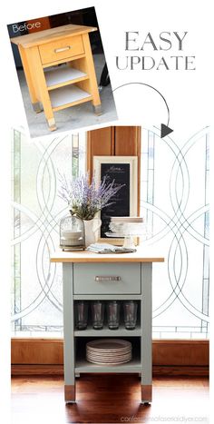 a kitchen island with plates and cups on it