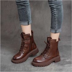 Brand Name: AkexiyaBoot Type: Motorcycle bootsShaft Material: PUOutsole Material: RubberUpper Material: PUOrigin: Mainland ChinaSeason: WinterInsole Material: PUHeel Type: Square heelLining Material: PUBoot Height: ANKLEItem Type: BootsFashion Element: SewingDepartment Name: AdultToe Shape: Round ToeHeel Height: Med (3cm-5cm)With Platforms: YesPlatform Height: 0-3cmStyle: British Styleis_handmade: YesPattern Type: SolidFit: Fits true to size, take your normal sizeClosure Type: Lace-up Fashion Shoes Woman, Shoes For Winter, Statement Boots, Popular Boots, Woman Casual, Winter Ankle Boots, Black Boots Women, Martin Boots, Shoes Woman