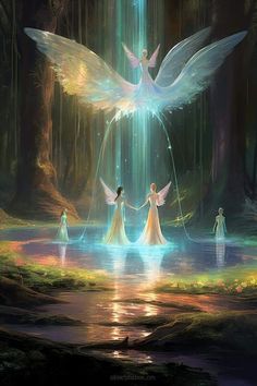 three women in white dresses holding hands with an angel above them and water flowing down the ground