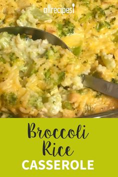 broccoli rice casserole in a pan with a serving spoon on the side