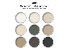 the warm neutral paint palette is shown in six different shades, including black and white