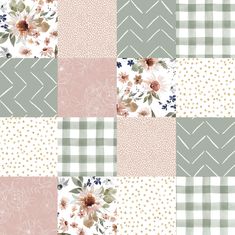 a patchwork pattern with flowers and leaves on the side, in pastel colors