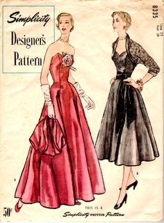 SIMPLICITY 8335 DESIGNER'S PATTERN The full-skirted dress features princess lines that can be pointed up with a ribbon belt.  It is either strapless or has narrow straps.  Both boleros feature kimono sleeves and a soft rolled collar.  Version A is short sleeved, trimmed with bias.  The three quarter sleeve in version B has a rolled cuff.   CONDITION Pattern: cut and complete Sleeve: good-a little wrinkled; brown with age; tears on corners Overall: good 1950 Style, Dress And Bolero, Strapless Evening Gowns, 1950 Fashion, Simplicity Dress, Rolled Collar, Gown Pattern, Designer Evening Gowns, Vintage Dress Patterns