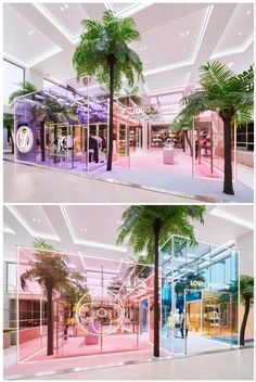 two photos of the inside of a store with palm trees