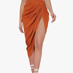 Wdirara Women's Split Thigh Front Satin High Waist Ruched Zip Back Bodycon Midi Skirt Color- Burnt Orange Draped Flowy Ruched Bottoms, Ruched Draped Flowy Skirt, Chic Draped Gathered Skirt, High Waist Ruched Maxi Skirt For Summer, Summer Ruched Asymmetrical Maxi Skirt, High Waist Ruched Maxi Skirt For Party, Ruched High Waist Maxi Skirt For Party, Knee-length Ruched Bottoms For Party, Knee-length Draped Skirt For Summer Party