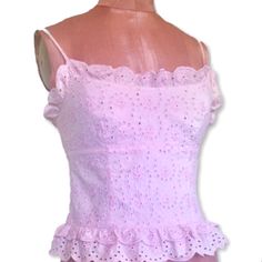 Sexy Pretty Camisole Top By Moschino In Pink Eyelet Cotton Ruffle Trim & Adjustable Spaghetti Straps. Darts & Side Zipper Allowing For A Fitted Look. No Yellowing I Have It Listed As Size 6 Based On Measurements Despite Label Which Displays A Us Size 10./ Italian Sz 44 Bust 33” Length: 12.5” ( Excluding The Top Ruffle) (Back Is Slightly Shorter) Authentic Moschino Feminine Sexy 60s Look It Was Hand Washed & Will Be Steamed Before Being Dispatched. Made In Italy 60s Look, Cotton Camisole, Fantasy Wardrobe, Us Size 10, Tank Top Camisole, Tank Top Cami, Ruffle Trim, Moschino, Camisole Top