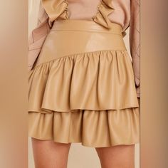 Emily Mccarthy Tiered Faux Leather Mini Skirt In Camel, Size Large Super Cute Shirt, Especially With A Fitted Top. Nwt. Camel Mini Skirt, Jersey Knit Skirt, Vegan Leather Skirt, Rush Dresses, Faux Leather Mini Skirt, White Long Sleeve Dress, Resort Dresses, Dance Skirt, Print Swimwear