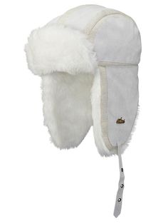 Details: Trapper hat Faux fur lining Sharkie embrodiery Leather with Acrylic two tone trim Unisex 50% leather and 50% acrylic Screamer style# 8611 White Winter Hat, Ski Hat, White Ushanka, White Winter Hats With Ear Flaps, White Trapper Hat, Trapper Hat, White Faux Fur Hat, Russian Winter Hat, White Fur Hat