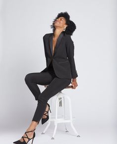 Women's Black Tuxedo Jacket - The Groomsman Suit Tailored Elegant Tuxedo For Work, Tailored Elegant Formal Pantsuit, Elegant Tailored Pantsuit For Formal Occasions, Tailored Elegant Pantsuit For Formal Occasions, Classic Fall Evening Tuxedo, Evening Pantsuit With Suit Collar For Fall, Elegant Black Evening Suits, Elegant Fall Pantsuit For Formal Occasions, Fall Evening Pantsuit With Suit Collar