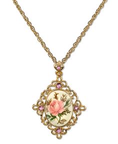 A lovely gold-tone necklace featuring a vintage-like oval filigree pendant adorned with an oval rose decal stone accented with sparkling rose pink crystals. Sparkling Rose, Chic Fashionista, Jewelry Classic, Vintage Pendant Necklace, 1928 Jewelry, Floral Decal, Vintage Inspired Jewelry, Filigree Pendant, Antique Necklace