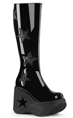 DYNAMITE-218 Black Patent/Glitter Knee Boots-Demonia-Tragic Beautiful Star Boots Outfit, 80s Boots, Emo Boots, Rave Shoes, Demonia Boots, Concert Wear, Goth Shoes, Demonia Shoes, Dr Shoes