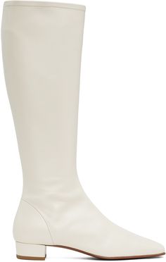 Knee-high grained leather boots in off-white. · Square toe · Zip closure at inner side · Covered block heel with rubber injection · Leather sole · Heel: H1 Supplier color: Off-white Modern White Heeled Boots With Sculpted Heel, White Heeled Boots With Sculpted Heel And Medium Width, White Calf Leather Heeled Boots With Pointed Toe, Cream Calf Leather Boots With Reinforced Heel, Modern White Boots With Sculpted Heel, Modern Beige Calf Leather Boots, White Boots With Sculpted Heel, Medium Width, White Boots With Sculpted Heel And Medium Width, White Boots With Sculpted Heel And Square Toe