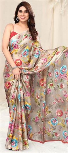 Beige and Brown color Saree in Faux Chiffon fabric with Floral, Printed work Elegant Multicolor Fabric In Traditional Drape, Elegant Multicolor Fabric With Traditional Drape, Elegant Multicolor Chiffon Saree, Casual Saree, Chiffon Fabric, Brown Color, Party Wear, Chiffon, Saree