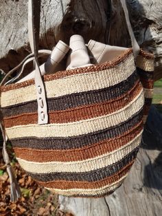 These individually woven colourful bags were woven by women in certain regions of Kenya https://en.wikipedia.org/wiki/Kiondo. The weaving skills were handed down from mothers and grandmothers. This bag has interwoven colours of shades of brown and beige. This bag is unique and is the only one of it's kind in the world. Handwoven Brown Leather Bucket Bag, Beige Handwoven Basket Bucket Bag, Brown Woven Leather Basket Bucket Bag, Brown Woven Leather Bucket Bag, Handwoven Leather Tote Crochet Bag, Handwoven Leather Crochet Tote Bag, Brown Leather Handwoven Bucket Bag, Handwoven Leather Bucket Bag In Natural Color, Natural Leather Woven Bucket Bag