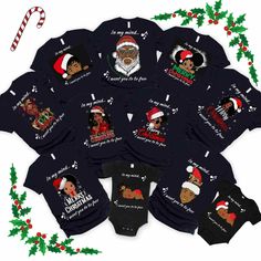 "BLACK SANTA PAJAMAS (TOPS ONLY  I am happy to present these fun black santa pajamas to you. The shirts are based on The Temptations version of Silent Night. If you know you know...It is the best Christmas song in my humble opinion. I hope you like them as much as I enjoyed making them.  Please share photos of you wearing them in the review section! I would love to see them.  Fun black santa pajamas are perfect for your Santa group shirts, Matching xmas tees. There are 9 unique designs to suit everyone in the family.  These Santa family shirts are the perfect Christmas matching shirts gift for your family! Classic unisex jersey matching xmas tees short sleeve fits like a well-loved favorite. Soft cotton family pjs and quality print make users fall in love with it over and over again. Wear Best Christmas Songs, Santa Pajamas, Christmas Pjs Family, The Temptations, Xmas Pjs, Xmas Pajamas, Matching Family Christmas Pajamas, Christmas Pj, Matching Christmas Pajamas