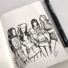 a drawing of four women standing in a line