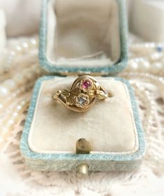 Beautiful French Antique 18k Solid Gold Toi et Moi Natural Diamond & Ruby Art Nouveau Ring, Gold Three-leaf Clover Ring, Romantic Engagement Ring, Gift for Woman.  Size:  US - 7,5 UK - P France -  56 o diameter inside - approx. 18mm / 0,71" o diamond - approx. 2,5mm / 0,09" in diameter  o ruby - approx. 2mm / 0,08" o width of the ring band - approx. 1,8mm / 0,07" o  decorative part - approx. 17x12mm / 0,67" x 0,47" Weight - 2,36g Beautiful Art Nouveau ring, elegant and delicate, in a great antiq Art Nouveau Engagement Ring Antique, Vintage Floral Ring, Vintage Wedding Rings 1920s Antique, Art Nouveau Style Gold Engraved Rings, Vintage Wedding Ring, Art Nouveau Gold Engraved Rings, Luxury Art Nouveau Ring, Collectible Art Nouveau Yellow Gold Ring, Luxury Collectible Art Nouveau Rings