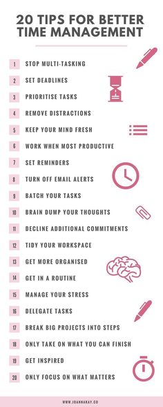 the 20 tips for better time management info sheet with pink and white text on it