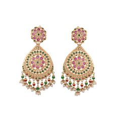 Hyderabadi Jadau Navratan earrings, inspired by Sabyasachi's opulent designs. Featuring intricate goldwork and vibrant multi-colored gemstones, these big chandbali earrings exude timeless elegance. Perfect for adding a statement touch to any outfit, they make a stunning gift or a standout piece in your jewelry collection. *𝐏𝐑𝐎𝐃𝐔𝐂𝐓 𝐃𝐄𝐓𝐀𝐈𝐋* * Material: Brass * Plating: Gold Plated * Stone: Semi Precious Kundan & Beads. *𝐃𝐈𝐌𝐄𝐍𝐒𝐈𝐎𝐍𝐒* *Earrings* * Weight: 40 gm Each * Length:- Traditional Bridal Earrings With Intricate Design For Navratri, Temple Jewelry Earrings With Pallu For Celebration, Latkans Earrings For Wedding And Navratri, Festive Temple Jewelry Earrings For Celebrations, Festive Navratri Jewelry With Matching Earrings, Intricate Design Dangle Earrings For Reception, Dangle Earrings With Intricate Design For Reception, Festive Matching Earrings For Navratri, Intricate Design Drop Earrings For Reception