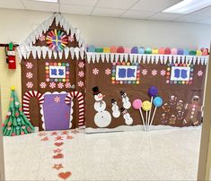 a classroom decorated with gingerbread houses and candy canes