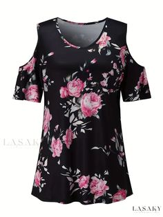 Lasaky - Professional Womens Plus-Size Cold Shoulder T-Shirt with Elegant Rose Print and V-Neck Design Short Sleeve Rose Print Tops For Summer, One Size Floral Print V-neck Top, Summer V-neck Top With Rose Print, Summer Short Sleeve T-shirt With Rose Print, Summer Rose Print Short Sleeve T-shirt, Black Short Sleeve T-shirt With Rose Print, Pink Rose Print T-shirt For Summer, Casual V-neck Top With Butterfly Print, Black Rose Print Short Sleeve T-shirt