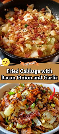 fried cabbage with bacon onion and garlic in a skillet