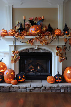 39 DIY Halloween Mantel Decor Ideas That Are Easy and Fun Halloween Fireplace Decor Pumpkins, Halloween Mantels Fireplaces, Mantel Decorating Ideas Halloween, October Fireplace Decor, Hall Halloween Decorations, Halloween Decor For Fireplace, The Great Pumpkin Decorations, Fireplace Halloween Decor Mantel Ideas, Diy Halloween Fireplace Decor