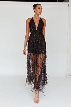 Shop the Tiara Sequin Maxi Dress Black | Selfie Leslie Halter Neck Mini Dress With Sequins For Gala, Backless Sequin Dresses For Night Out, Halter Neck Dress With Sequins For Night Out, V-neck Party Dress With Back Opening, Sleeveless Maxi Dress With Contrast Sequin For Night Out, Sequin Halter Neck Mini Dress For Prom, Backless Cocktail Dress With Contrast Sequin, Halter Neck Backless Dress For Prom Party, Glamorous Sequin Fabric For Summer Homecoming