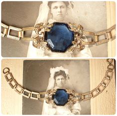 "I am SO thrilled to be offering a stunning Art Deco/Edwardian circa 1920s -1930s era antiqued gold colored brass filigree navy sapphire blue open back glass crystal link bracelet perfect for the Bride  It's tough enough to find these antique filigree pieces anymore but to find them with a navy blue stone is a rare treat!  The ornate embossed filigree brass pendant features a claw set deep navy blue unusual octagonal open back bezel set glass crystal.  The setting features an intricate vine/leaf Art Deco Jewelry With Vintage Charm For Vintage Events, Art Deco Vintage Charm Jewelry For Formal Occasions, Formal Art Deco Jewelry With Vintage Charm, Vintage Charm Art Deco Jewelry For Formal Occasions, Antique Adjustable Wedding Bracelets, Antique Adjustable Bracelets For Wedding, Victorian Gold Bracelets For Wedding, Victorian Style Gold Bracelets For Wedding, Vintage Charm Bracelets For Wedding