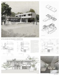 an architectural drawing shows the interior and exterior of a house with several different sections, including two