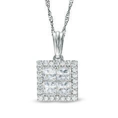 Fit for the queen of your heart, this stunning princess-cut diamond frame pendant makes your occasion or event sparkle. Created in 14K white gold This pendant features a stunning quartet of princess-cut diamonds set closely together. A squared frame lined with smaller round diamonds surrounds the center quad. Radiant with 1 ct. t.w. of diamonds This pendant suspends along an 18.0-inch rope chain that secures with a spring-ring clasp. Four Princess, White Gold Pendant Necklace, Square Diamond, Diamond Pendant Necklace, Square Frame, Princess Cut Diamonds, Rope Chain, Diamond Stone, Round Cut Diamond