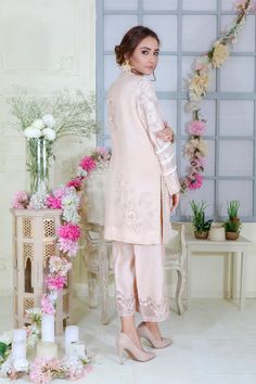 Peach Tan | Pakistani Designer Outfit | Sarosh Salman Wedding Blouse With Chikankari Embroidery For Eid, Elegant Chikankari Embroidery Blouse For Reception, Elegant Blouse With Chikankari Embroidery For Reception, Elegant Blouse With Chikankari Embroidery In Traditional Drape, Designer Chikankari Embroidery Blouse For Eid, Semi-stitched Pearl Embroidery Kurta For Reception, Festive Semi-stitched Lawn Suit With Pearl Embroidery, Festive Raw Silk Kurta With Pearl Embroidery, Elegant Cambric Fabric With Dabka Embroidery