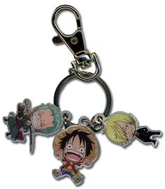 one piece keychain with three different characters on the front and back, two are in