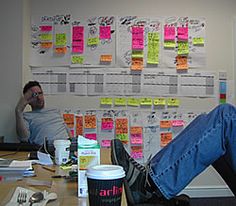 a man sitting at a desk in front of a wall covered with sticky notes