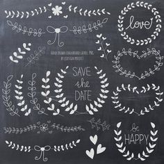 the chalkboard is decorated with handwritten words and wreaths for valentine's day