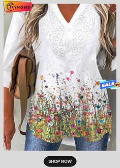 Floral 3/4 Sleeve Lace V Neck Casual Tunic Top Tunic Tops Casual, Casual Tunics, Tunic Top, Tunic Tops, Color White, Online Store, V Neck, Lace, Floral