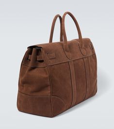 Designer Brown Top Handle Travel Bag, Designer Brown Travel Bag With Top Handle, Designer Brown Tote Duffle Bag, Designer Leather Travel Bag, Brown Designer Coated Canvas Travel Bag, Designer Brown Coated Canvas Travel Bag, Designer Brown Top Handle Duffle Bag, Designer Brown Travel Bag For Daily Use, Designer Textured Leather Satchel For Travel