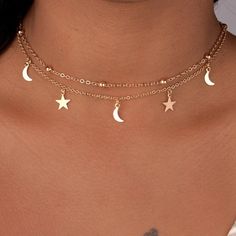 Preppy Jewelry, Diamond Necklaces, Double Chain, Cute Necklace, Moon Star